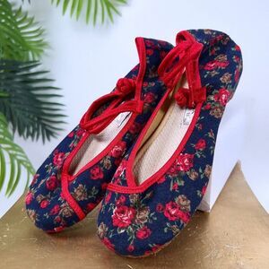 Womens Chinese Folk Mary Jane Shoes Qipao Slippers Floral Ballet Flats / 7.5